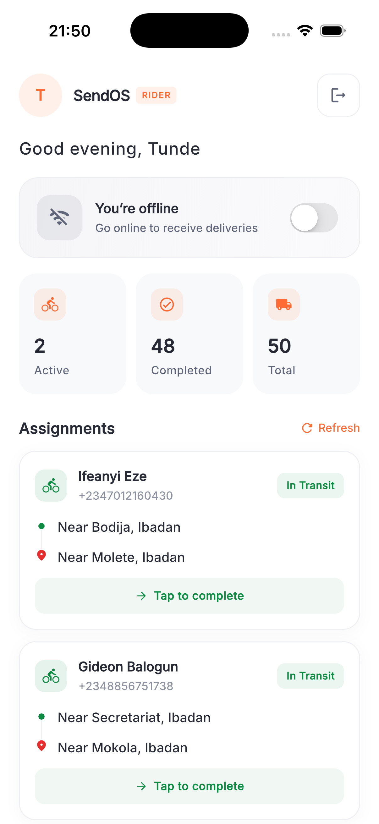 SendOS Rider App